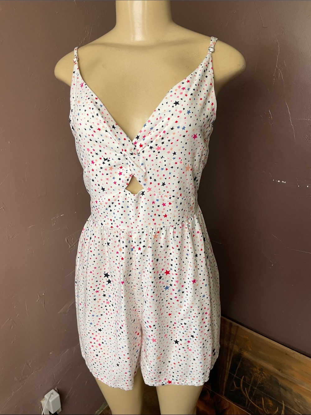LOFT White Star-Print Sleeveless Romper with Tie Waist size 6